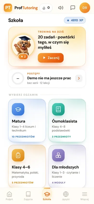 Ekran Szkoła: wybór egzaminu i trening z zadań CKE