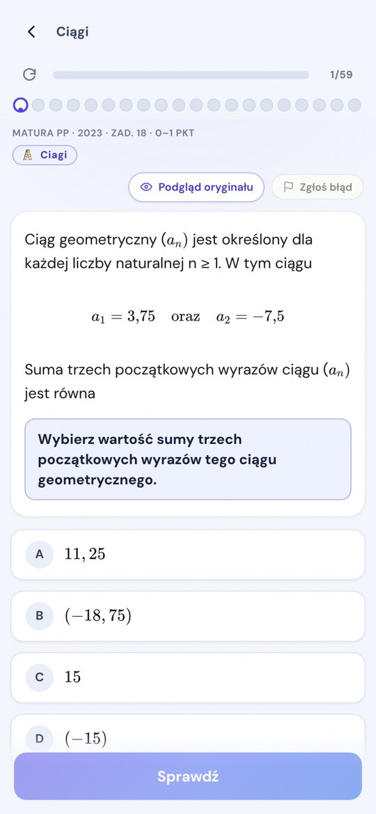 Uczeń rozwiązuje zadanie maturalne z ciągów w apce ProfTutoring